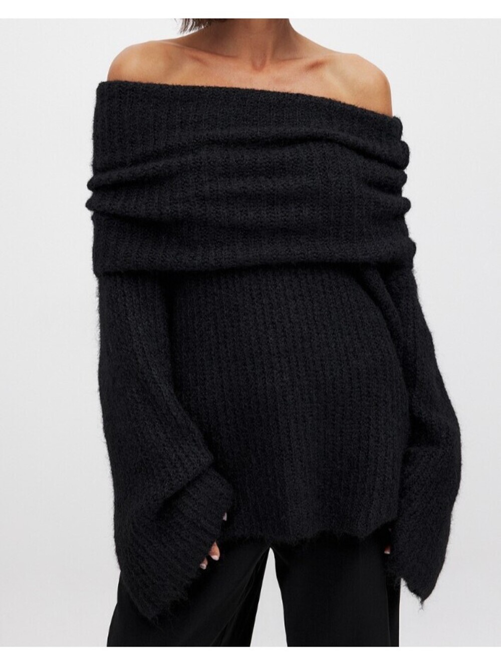 ZARA black off the shoulder flare sleeve sweater sz M
